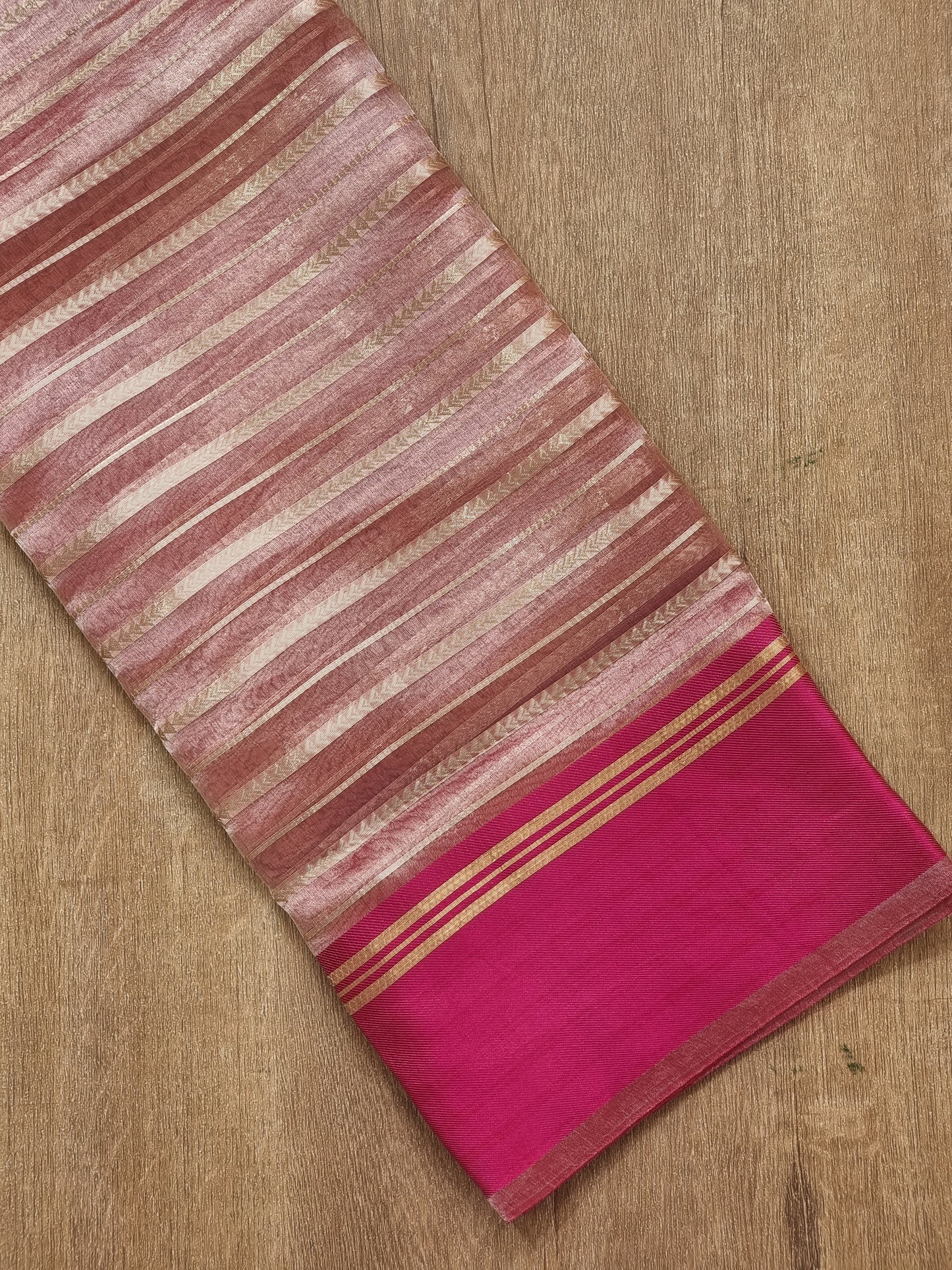 Pure Metallic Tissue Silk stripe saree with Katan silk border and special tassels with blouse sleeves