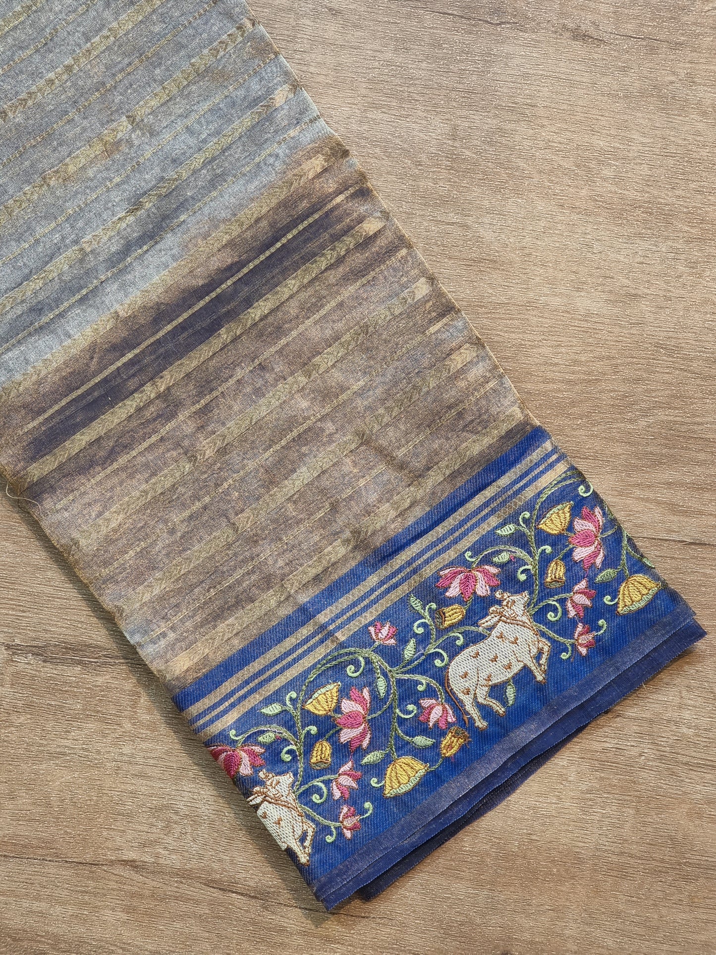 Pure Organza Tissue Silk Banarasi Stripe Pichwai Embroidery on Katan Silk Satin Border Saree