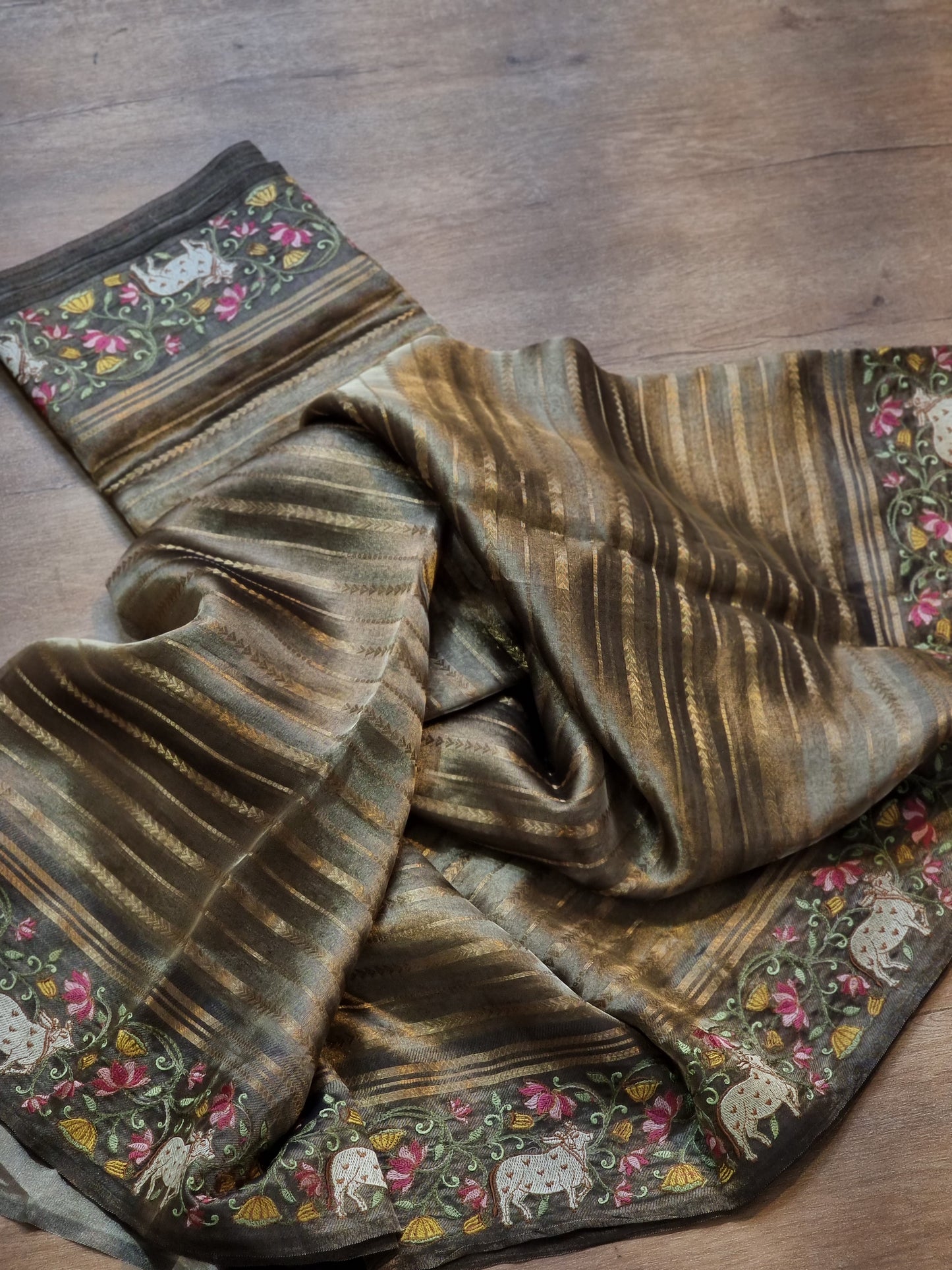 Pure Organza Tissue Silk Banarasi Stripe Pichwai Embroidery on Katan Silk Satin Border Saree
