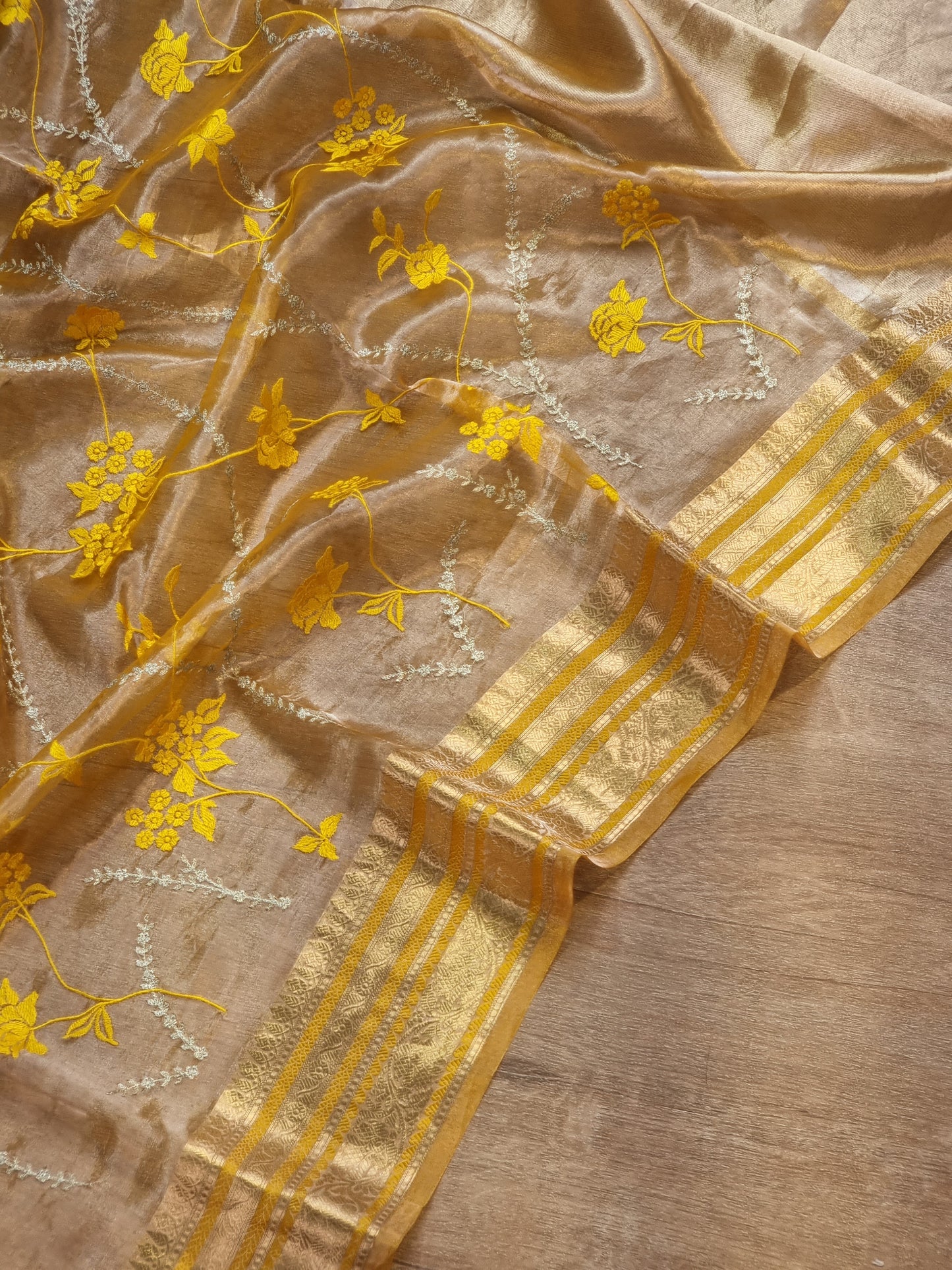 Pure metalic tissue silk katan border saree with self embroidery jaal and special tassels and running blouse