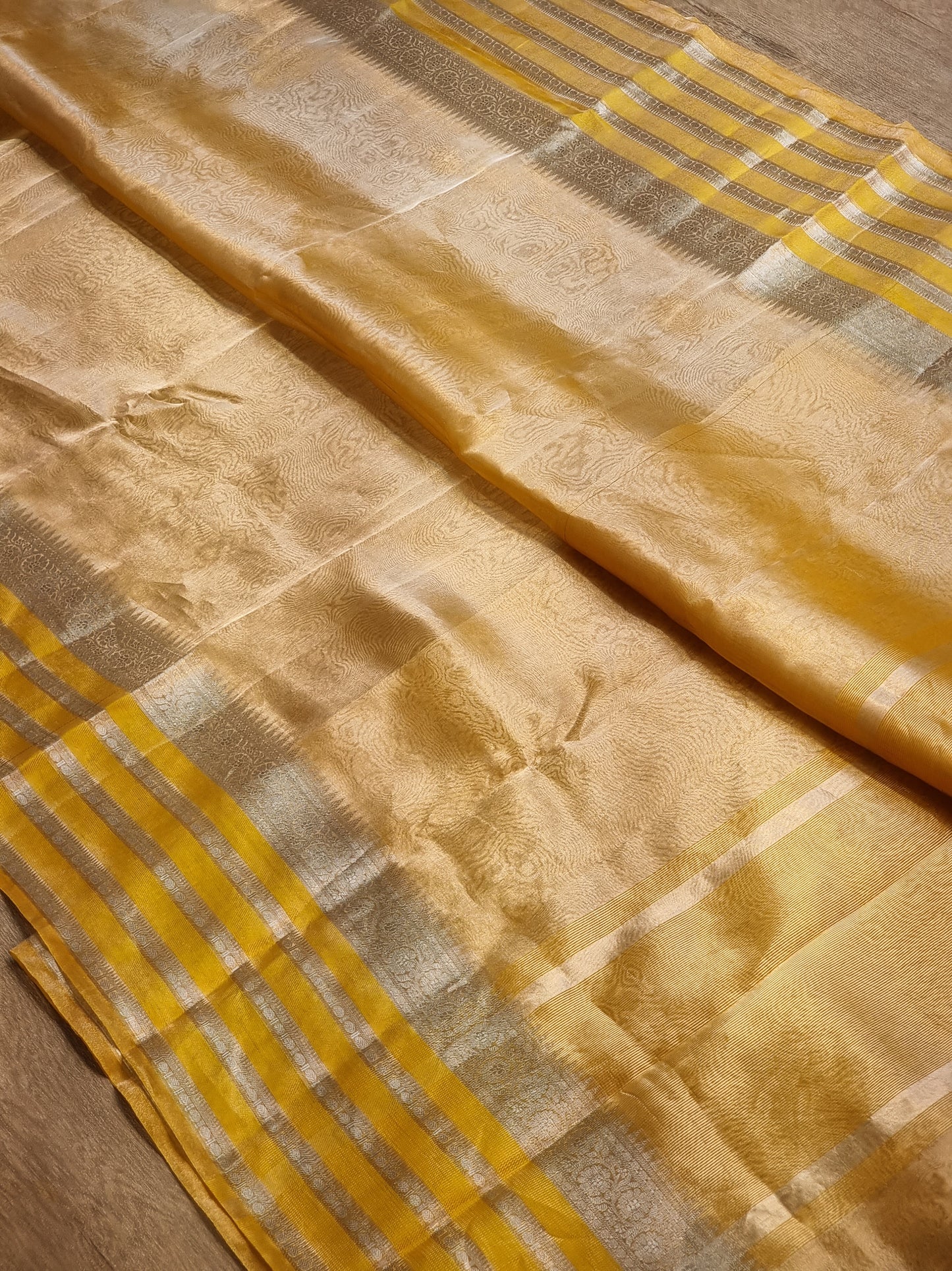 Pure Banarasi Tissue Silk Katan Stripe Border Saree with running blouse and special tassels