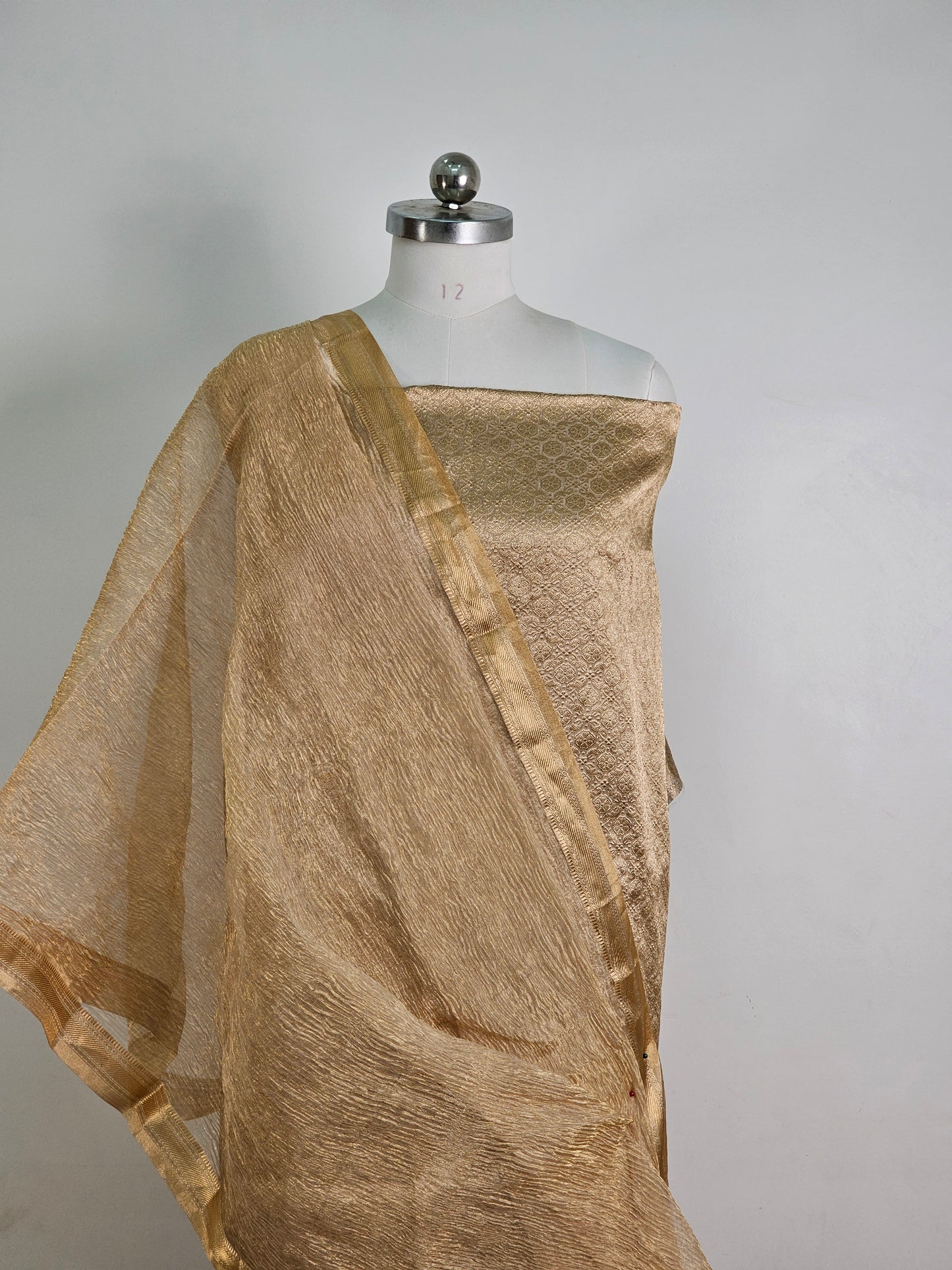 Handwoven Pure Banarasi Tissue Silk Brocade Suit with Tissue Crush Dupatta and special tassels