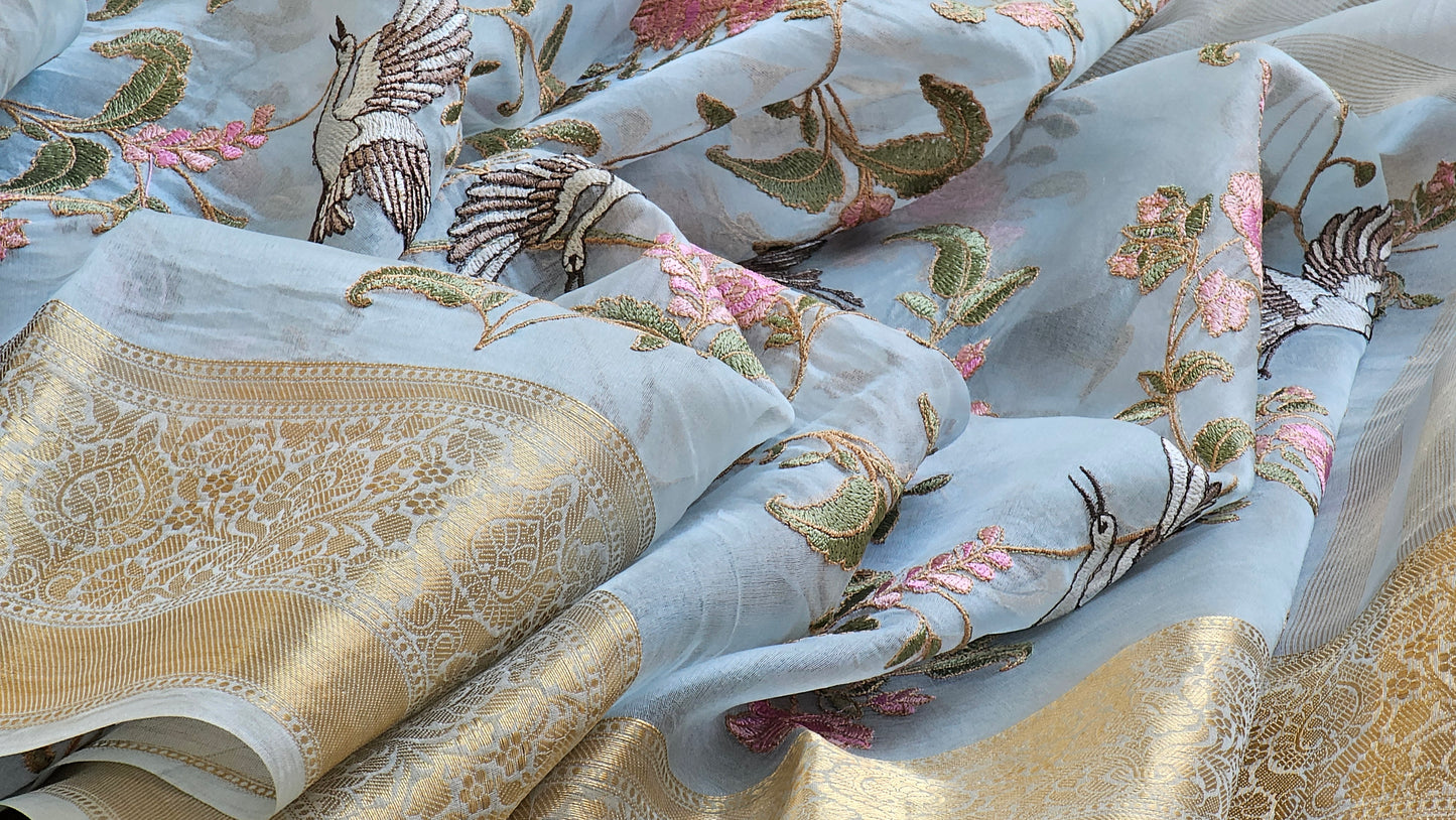 Pure Organza Silk Flamingo Jaal Embroidery Saree with Banarasi border and special tassels