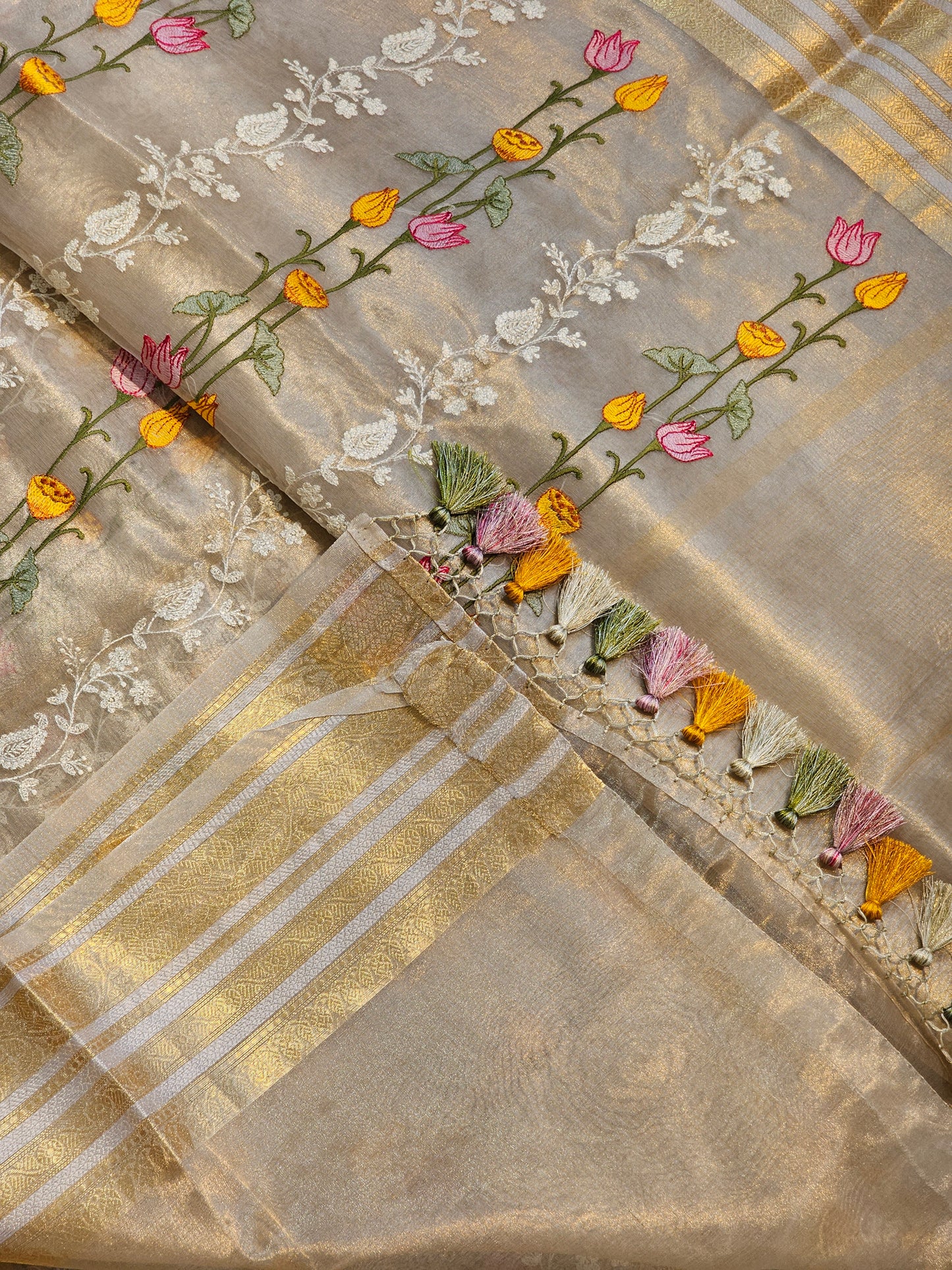 Pure Tissue Silk Pichwai Latar Embroidery Saree & Katan Border with special tassels and sleeves in blouse