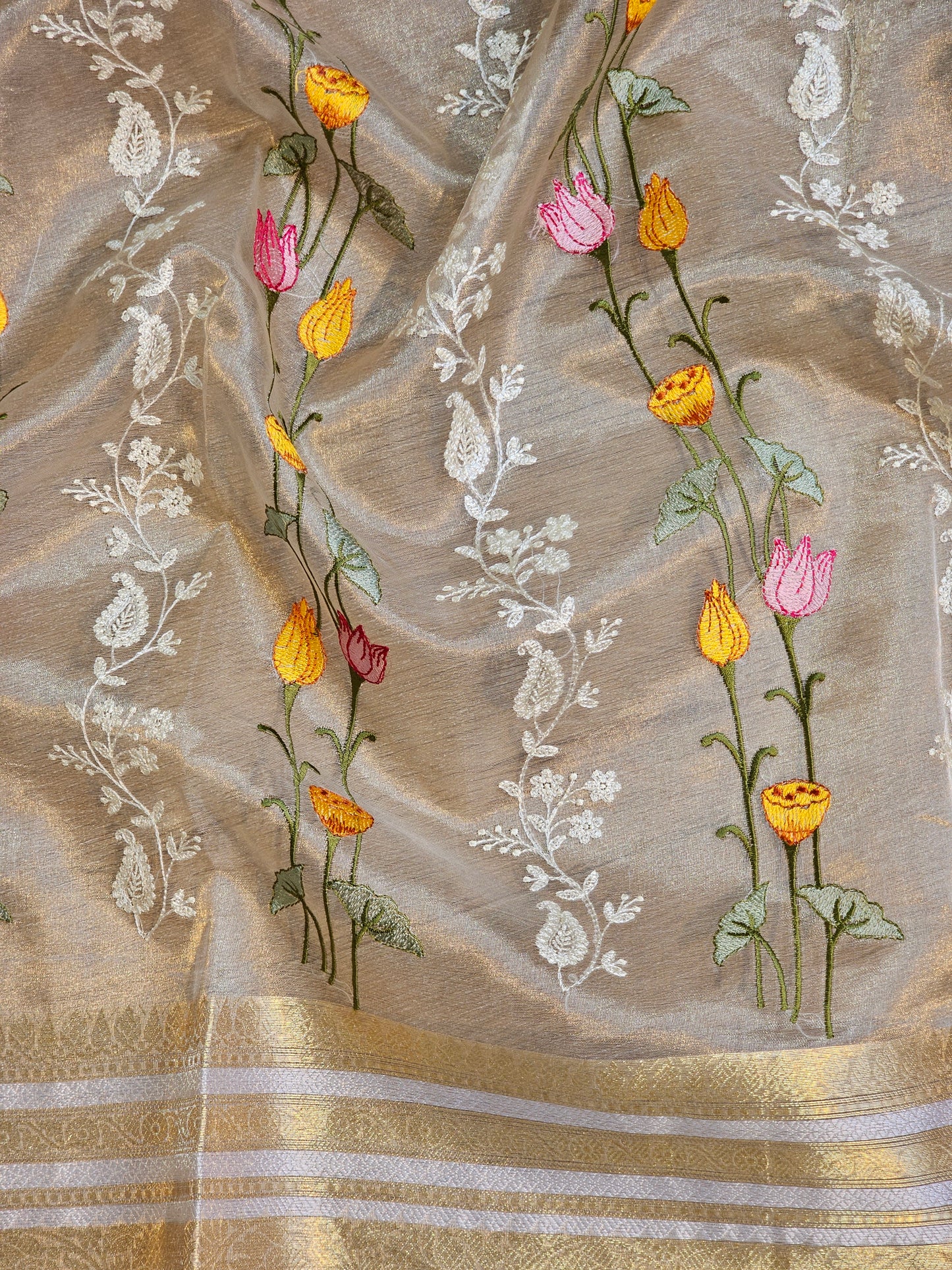 Pure Tissue Silk Pichwai Latar Embroidery Saree & Katan Border with special tassels and sleeves in blouse