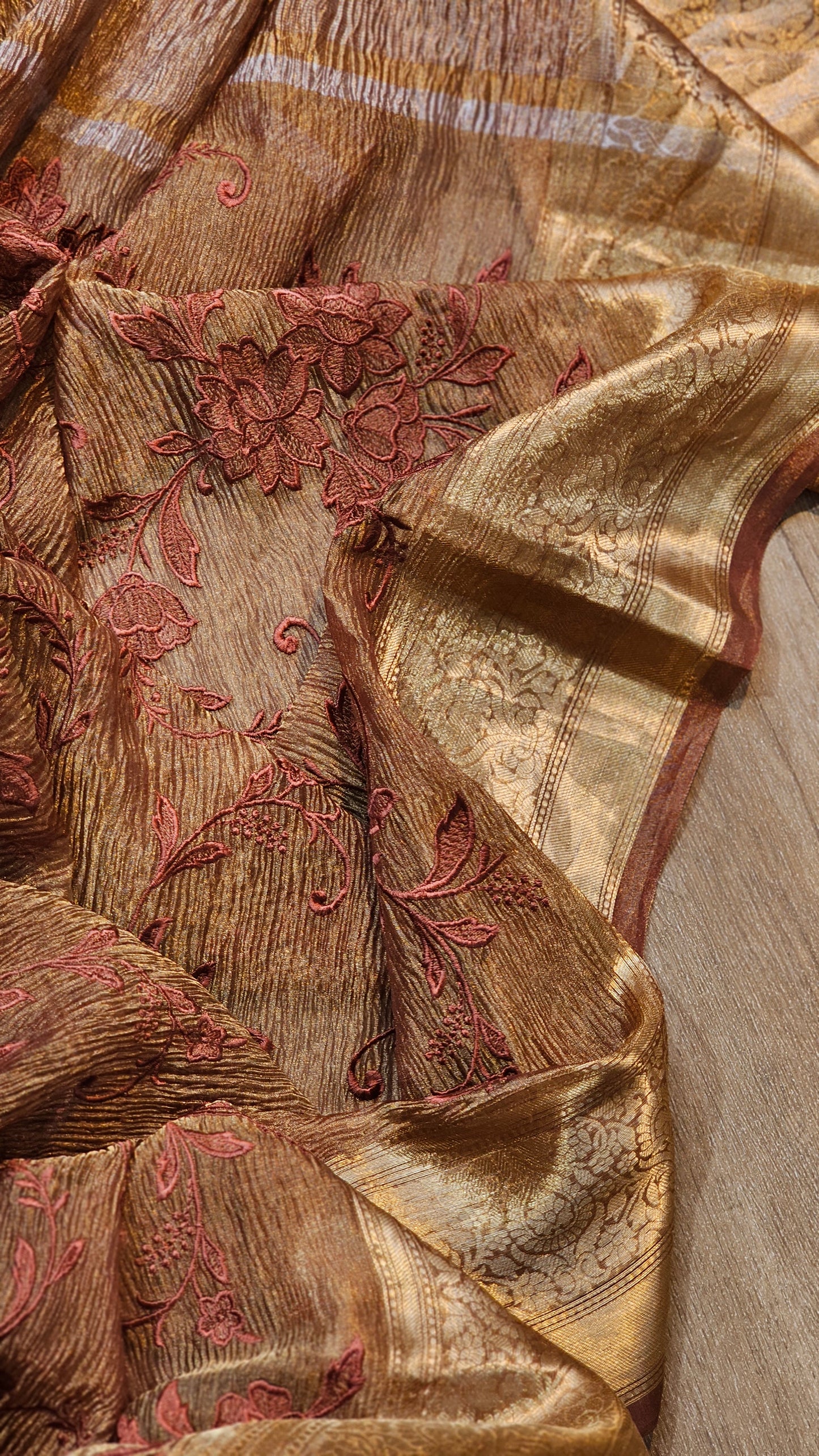Pure Tissue Silk Crush Monotone Embroidery chikankari Saree with Banarasi Border and special tassels