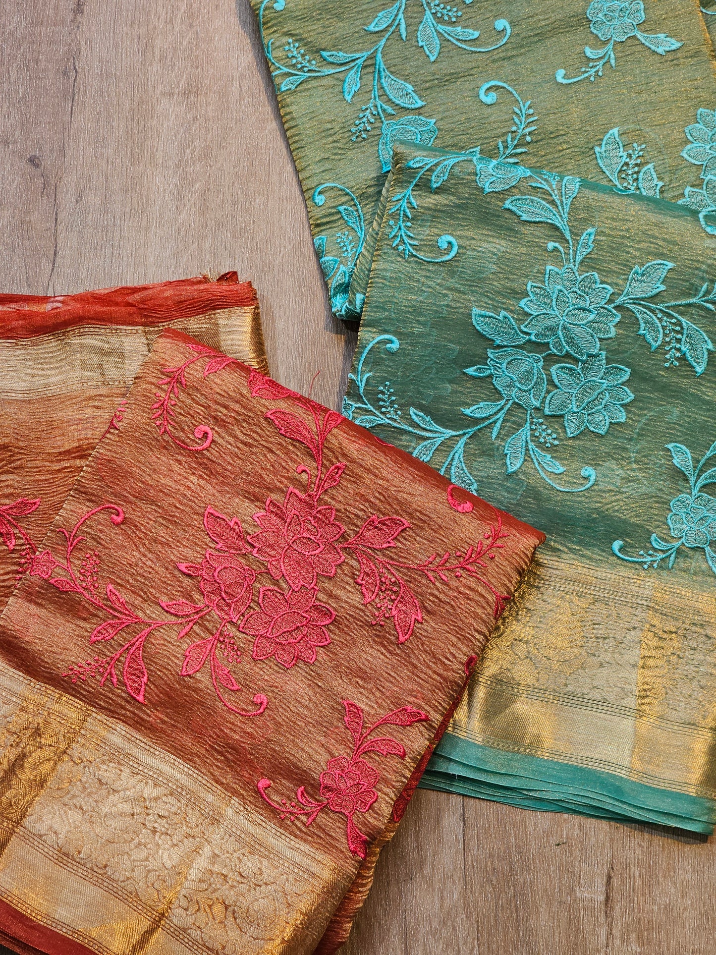 Pure Tissue Silk Crush Monotone Embroidery chikankari Saree with Banarasi Border and special tassels