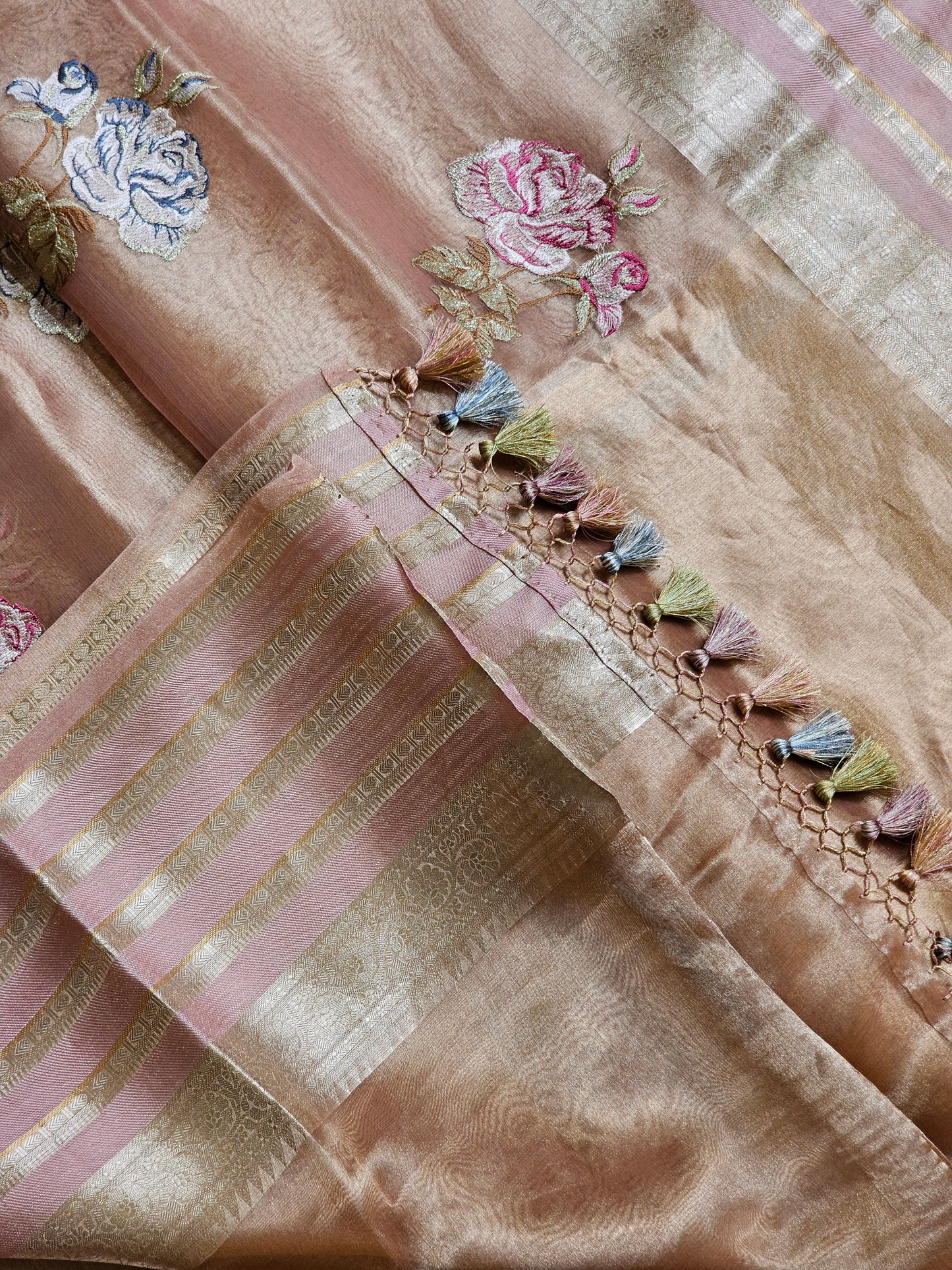 Pure Tissue Silk katan Border Floral Embroidery Buta Saree with with running blouse and special tassels.
