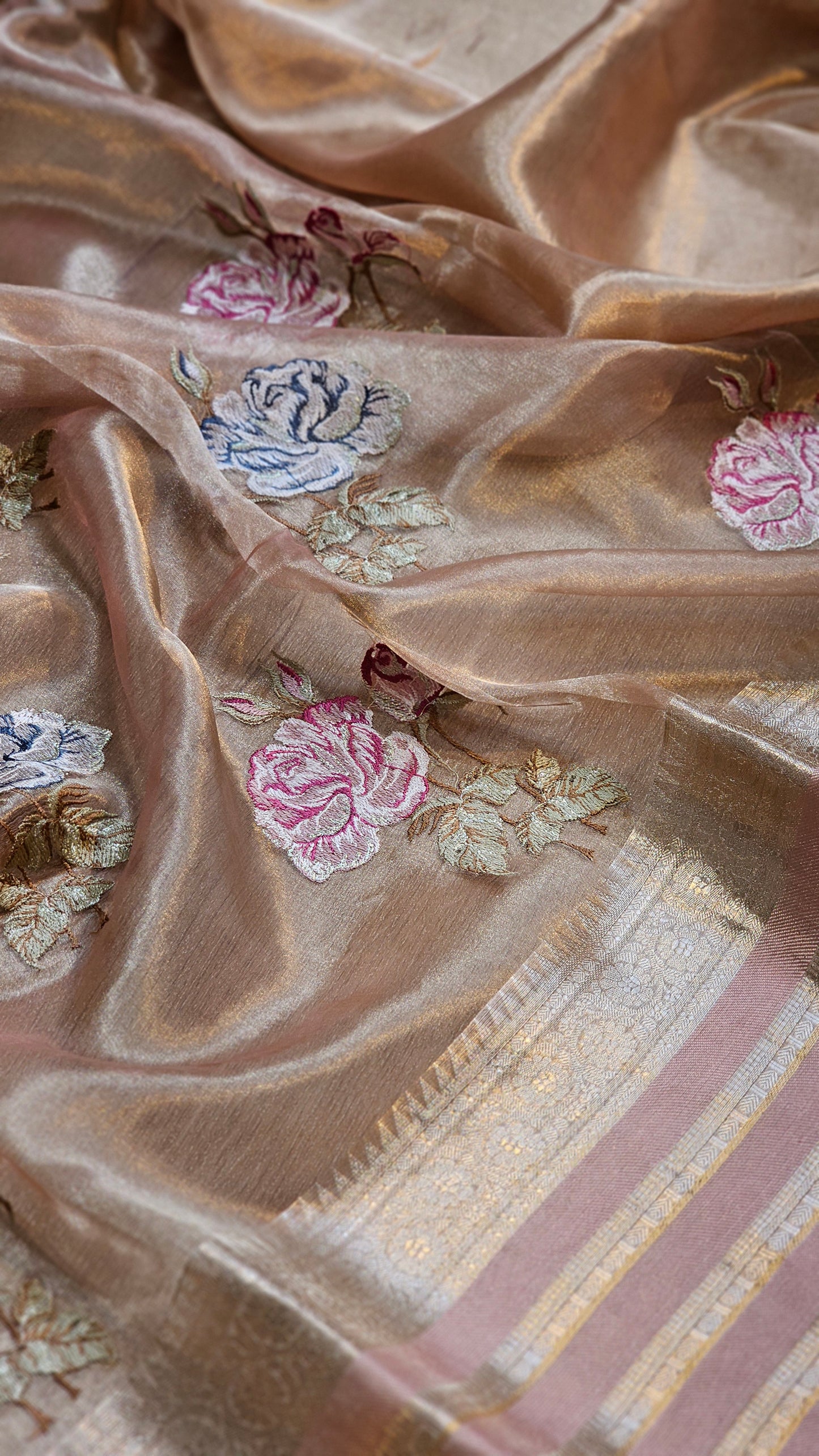 Pure Tissue Silk katan Border Floral Embroidery Buta Saree with with running blouse and special tassels.