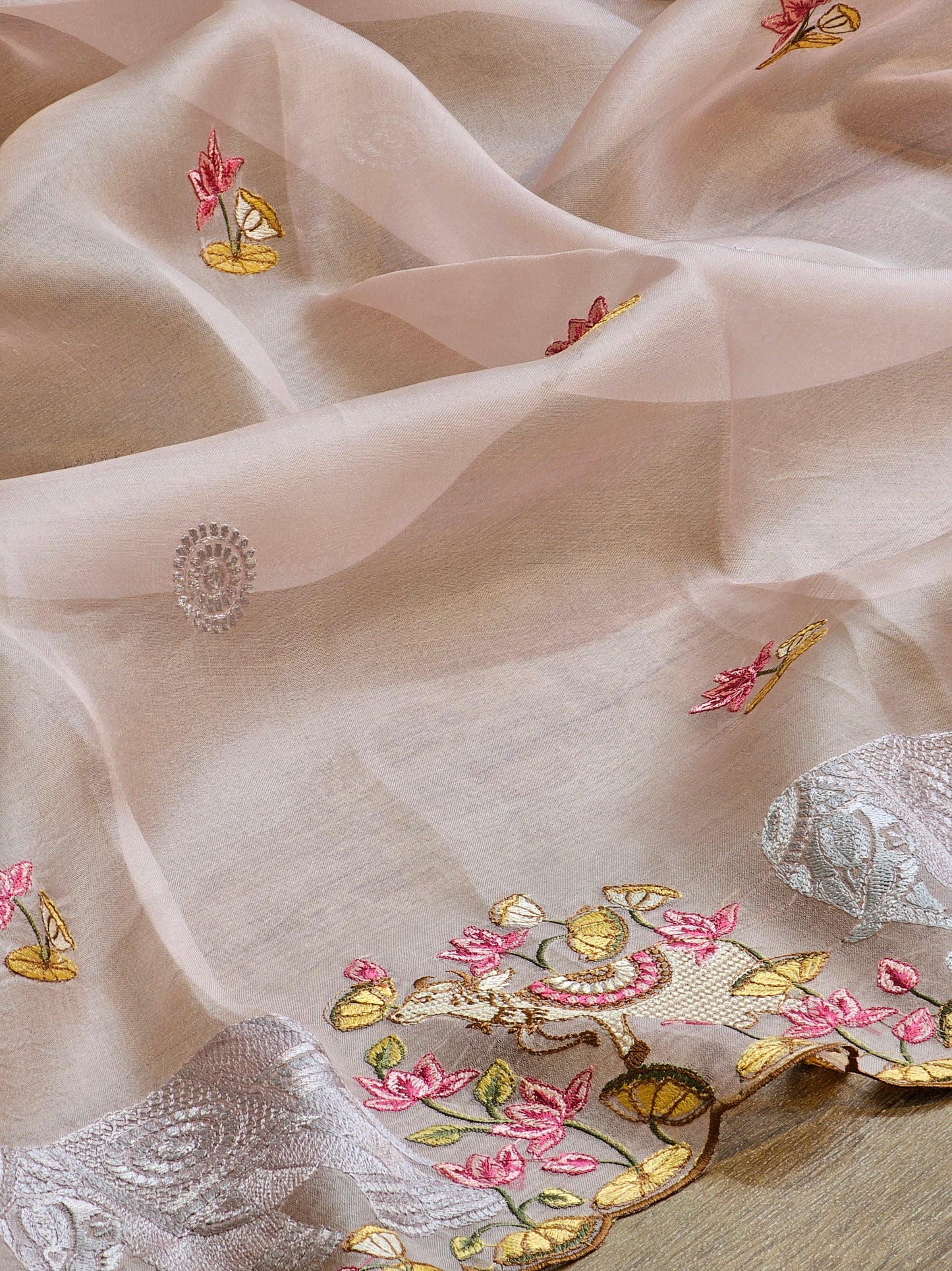 Pure Organza Silk Pichwai Elephant Embroidery Cutwork Scallop Border Saree with Heavy blouse