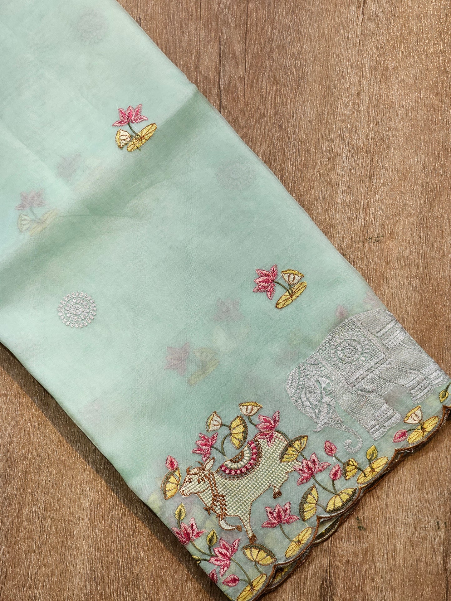 Pure Organza Silk Pichwai Elephant Embroidery Cutwork Scallop Border Saree with Heavy blouse
