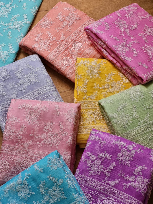 Pure Organza Silk Embroidery Chikankari Saree in heavy pallu and special tassels