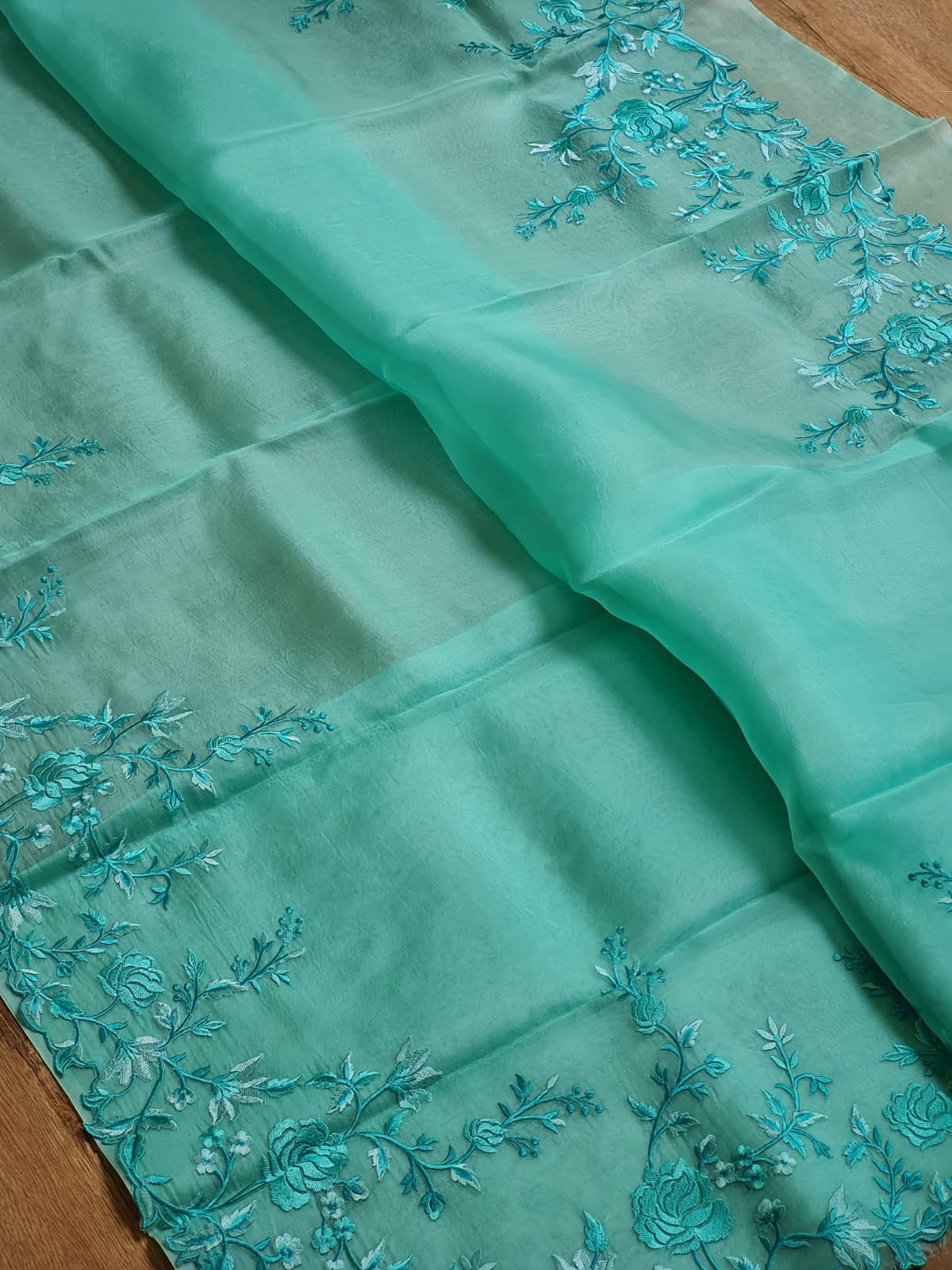Pure Organza Silk Tilfy Embroidery Cutwork Scallop Border saree with plain blouse