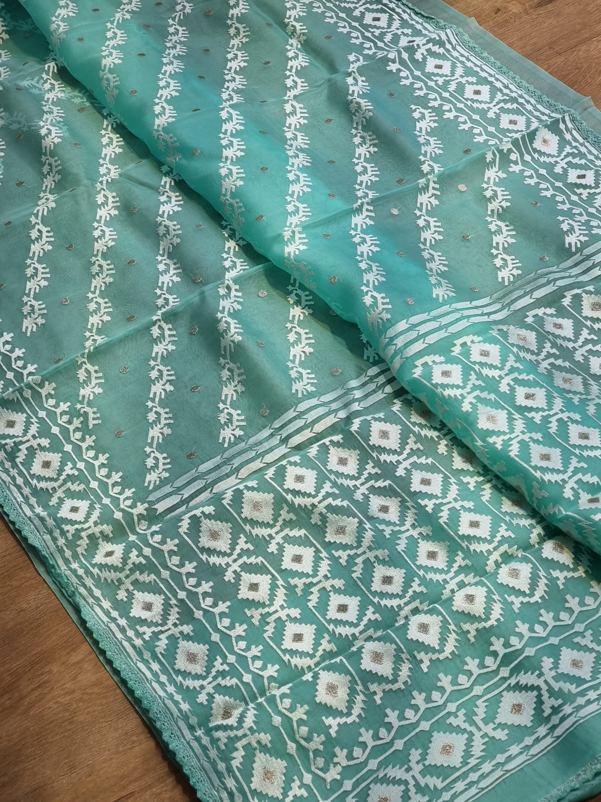 Pure Organza Silk Dhakai Embroidery Saree with Velvet Lace and Plain blouse