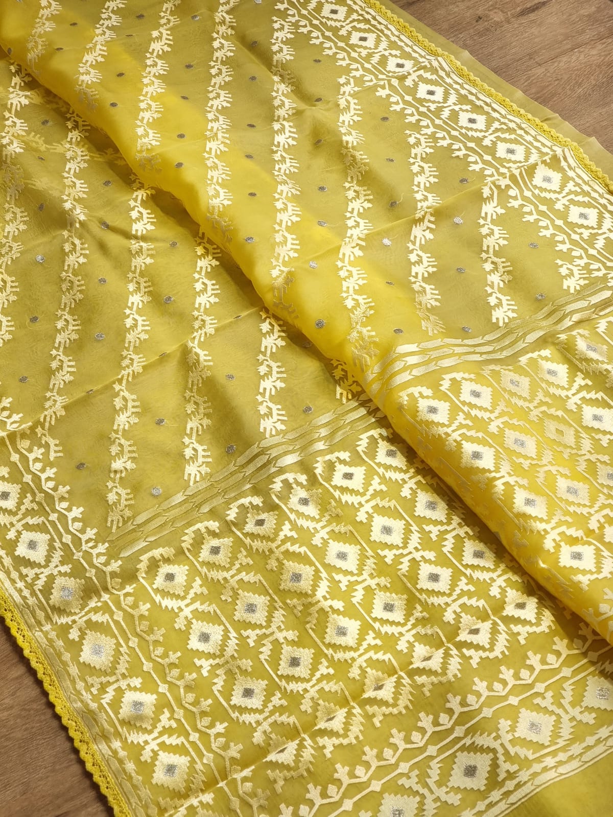 Pure Organza Silk Dhakai Embroidery Saree with Velvet Lace and Plain blouse