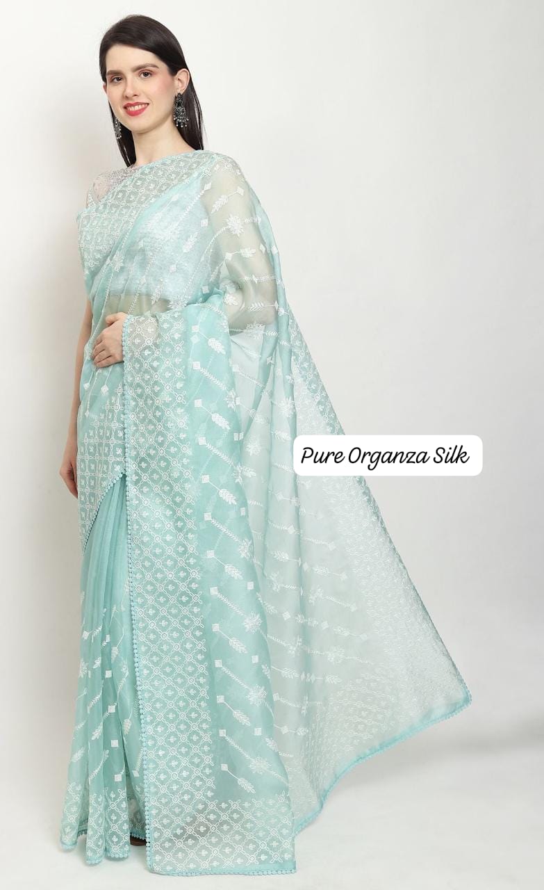 Pure Organza Silk Chikankari Embroidery Ada Lehariya Saree with Crochet lace and heavy blouse