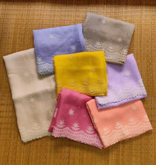 Pure Organza Silk Pearl Style thread Embroidery Saree with cutwork border scallop edges