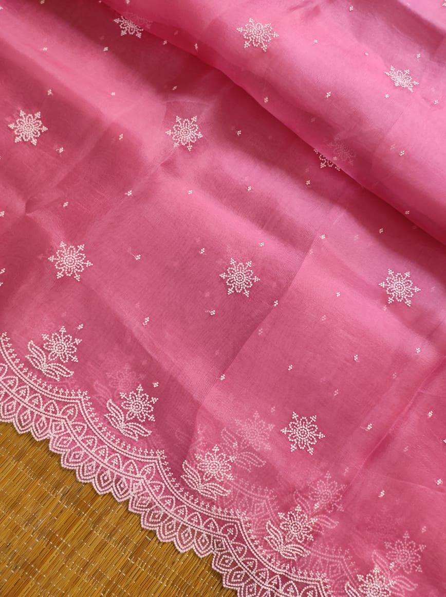 Pure Organza Silk Pearl Style thread Embroidery Saree with cutwork border scallop edges