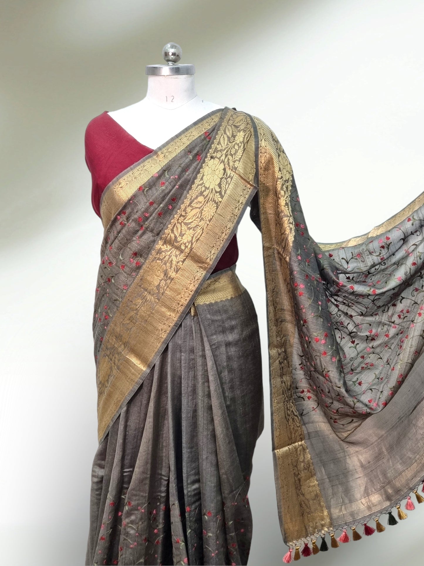 Handwoven Pure Tusser Silk Banarasi Woven Border Kashmiri Embroidery Saree with special tassels and contrast blouse