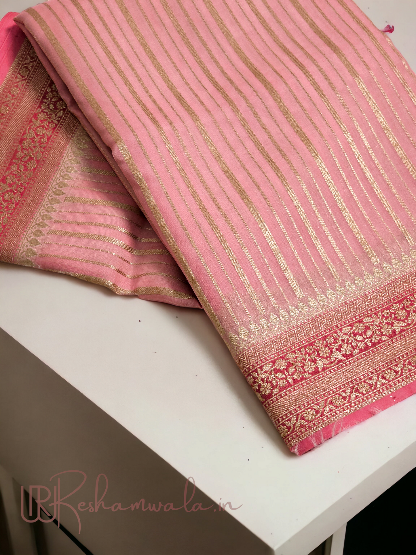 Handwoven Pure Banarasi Kora Silk Stripe Saree with blouse and special tassels