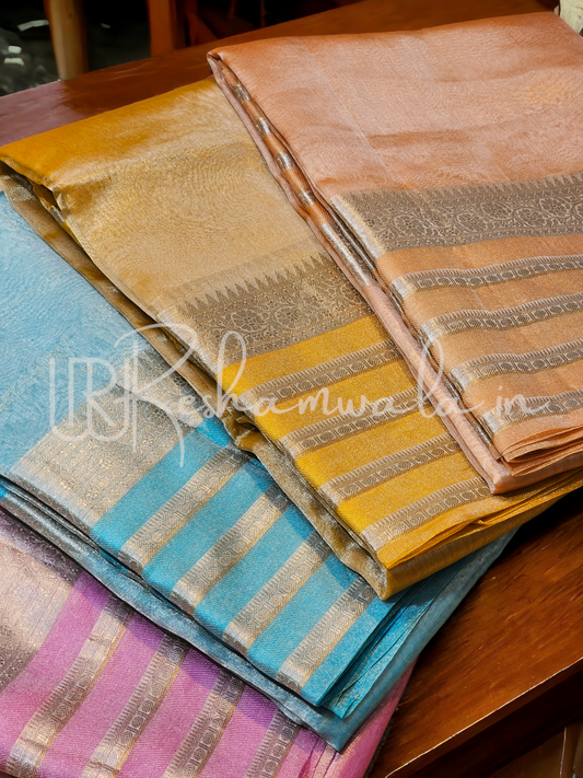 Pure Banarasi Tissue Silk Katan Stripe Border Saree with running blouse and special tassels