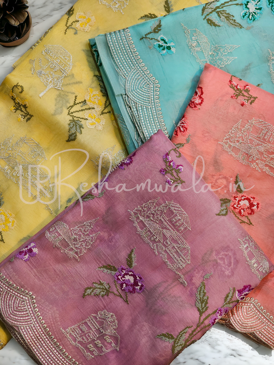 Pure Organza Silk House and floral Embroidery Saree with cutwork border and sleeves in blouse
