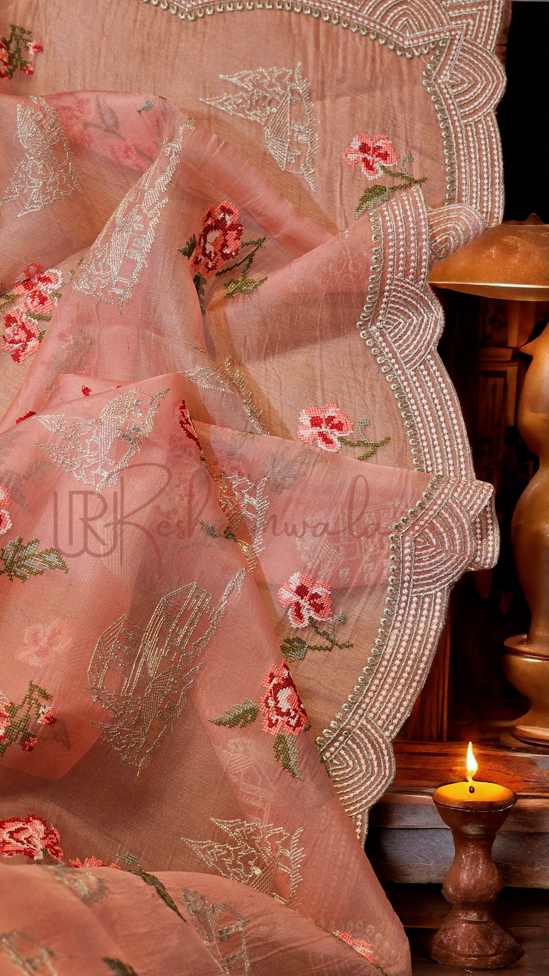 Pure Organza Silk House and floral Embroidery Saree with cutwork border and sleeves in blouse