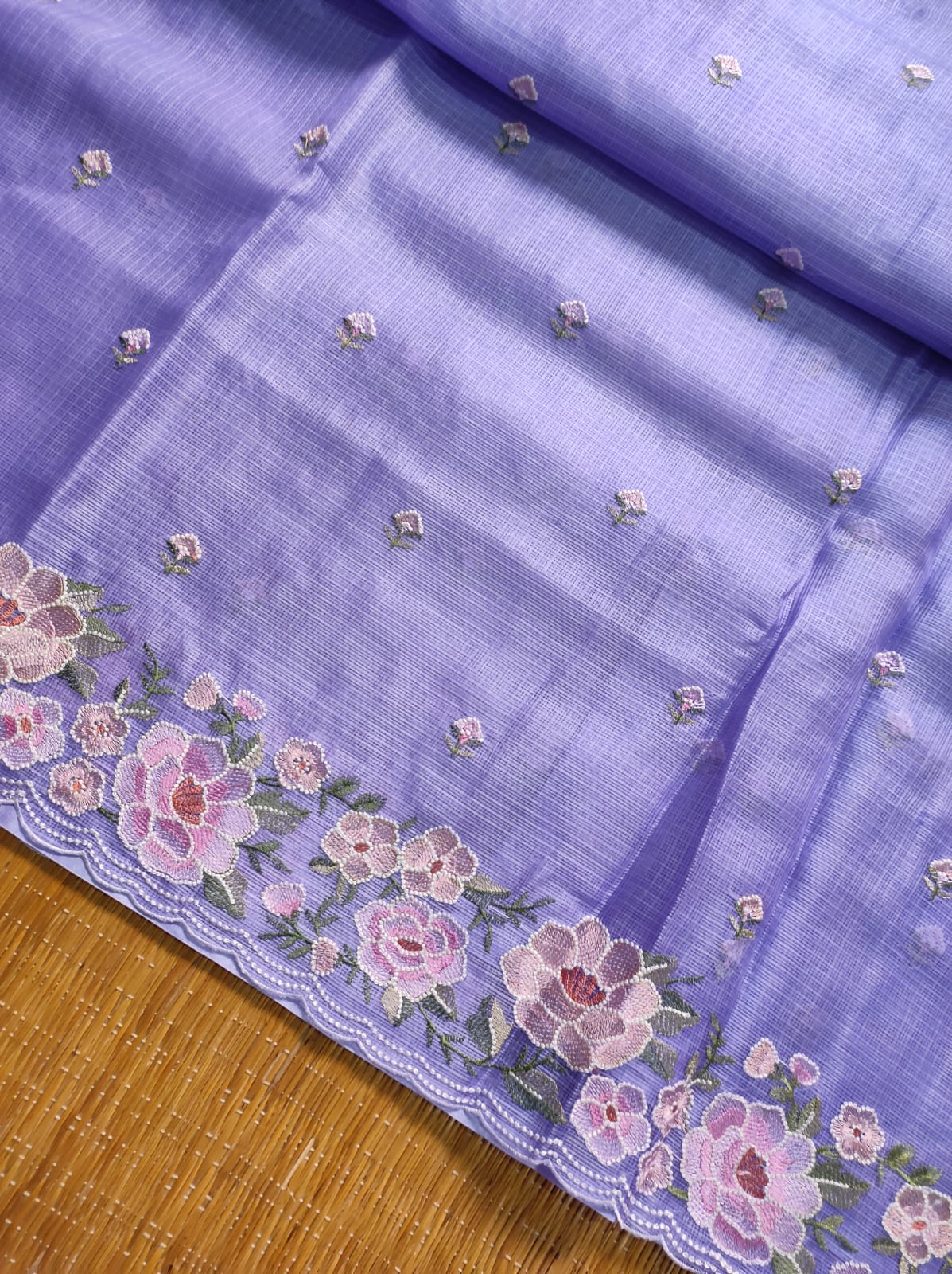 Pure Tussar Kota Silk Saree with Mina Floral Cutwork Scallop Border Embroidery Work