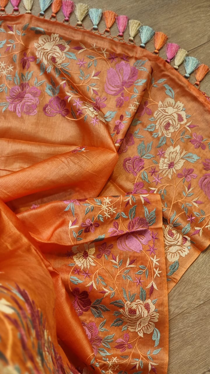 Pure Tussar Silk Border Embroidery work saree with special tassels & plain blouse