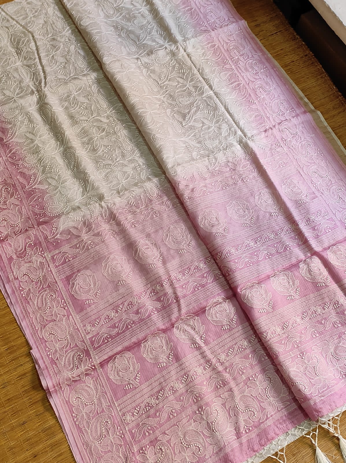 Pure Tusser Kota Silk Saree with Heavy Chikankari Embroidery Work in contrast shade