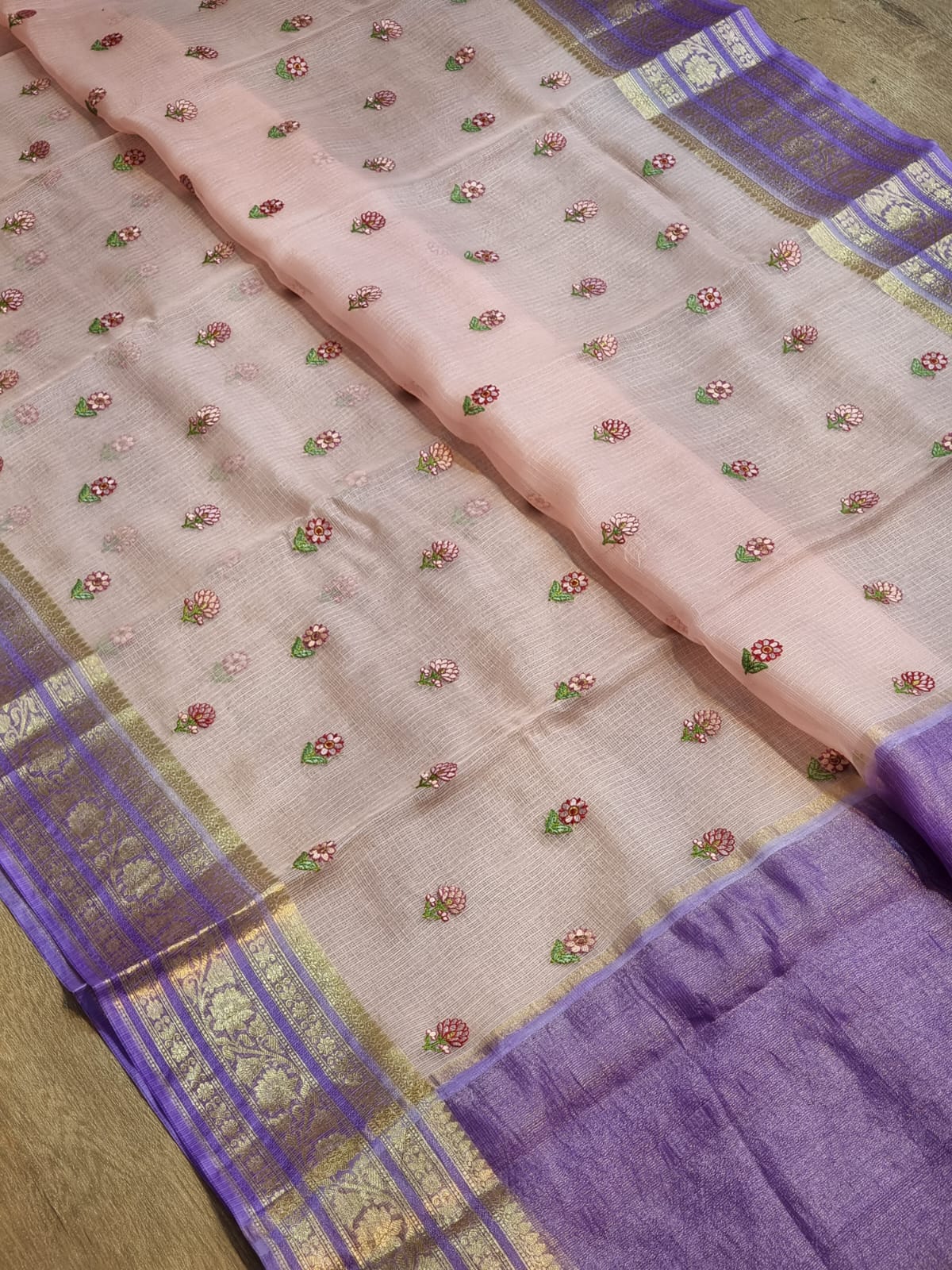 Pure Tussar Kota Silk Jacquard Banarasi Border Embroidery Buti saree contrast border and blouse with special tassels