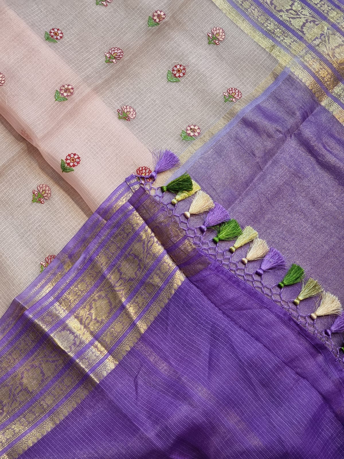 Pure Tussar Kota Silk Jacquard Banarasi Border Embroidery Buti saree contrast border and blouse with special tassels