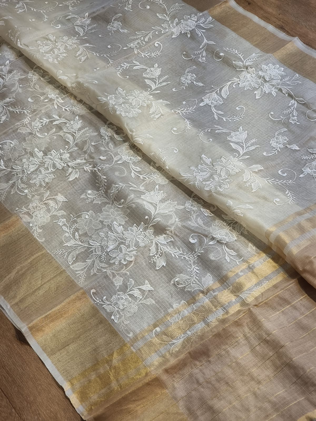 Pure Tussar Kota Silk Embroidery Chikankari Saree with Double Ghiccha pallu and special tassels