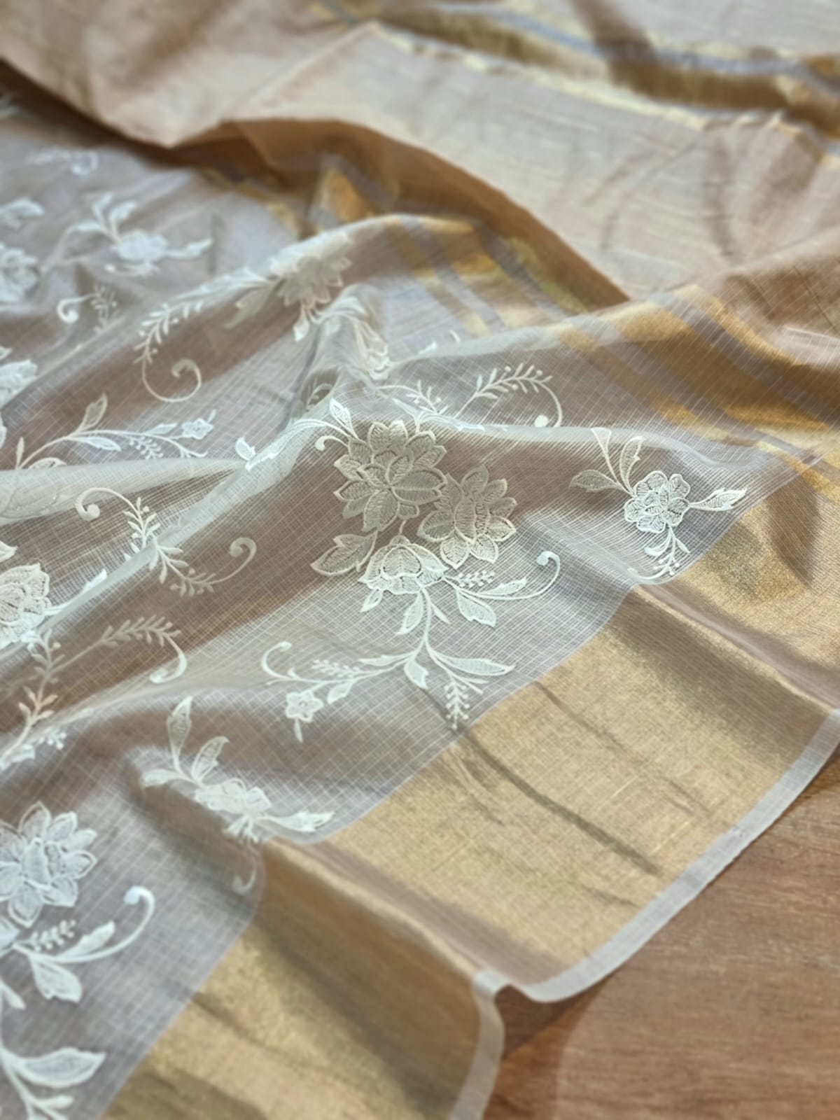 Pure Tussar Kota Silk Embroidery Chikankari Saree with Double Ghiccha pallu and special tassels