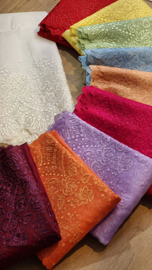Pure Organza Silk Embroidery Torani Style Cutwork Scallop Border Saree with heavy Blouse