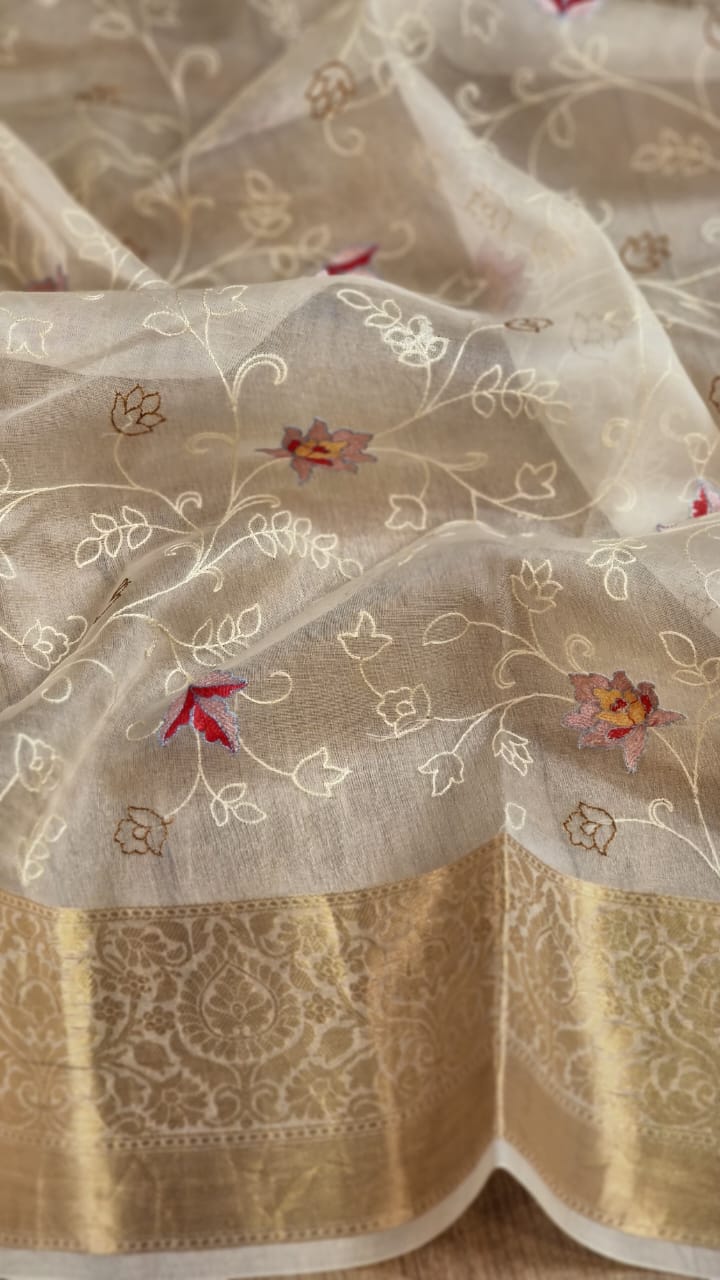 Pure Organza Silk Banarasi Border Minimalist Desing Embroidery with special tassels and blouse