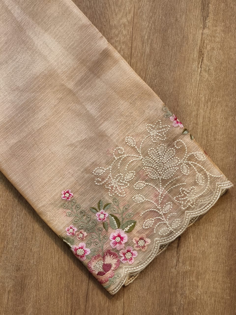 Pure Tissue Silk Stripe Embroidery Cutwork Border Scallop Saree