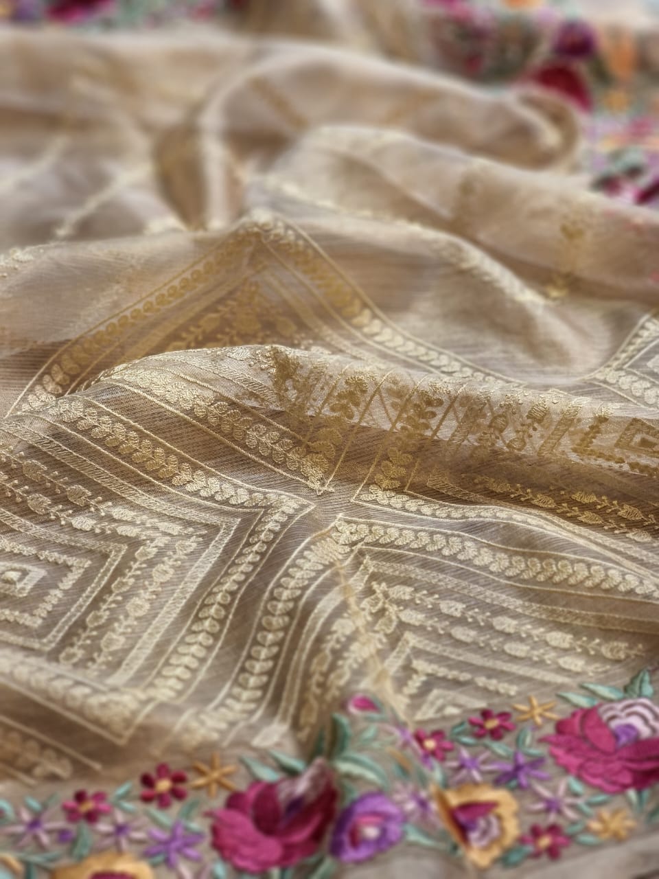 Pure Organza Tissue Stripe Saree Metro Embroidery with Parsi work Border and plain blouse