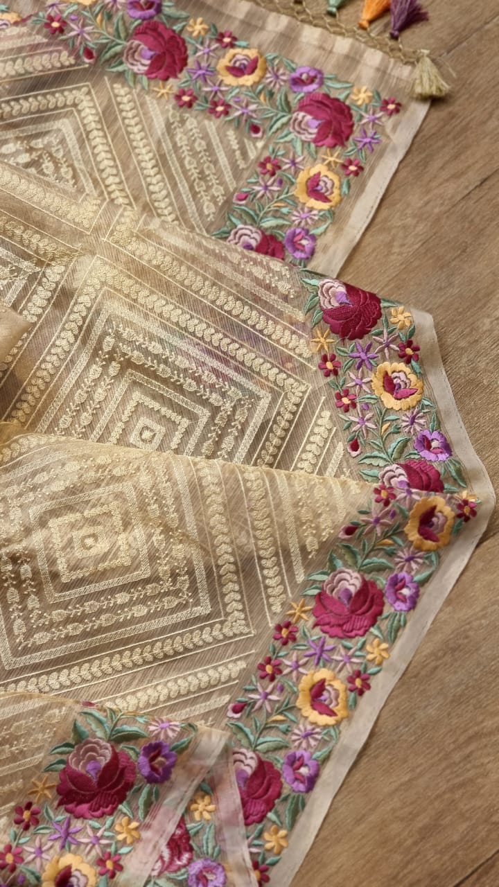 Pure Organza Tissue Stripe Saree Metro Embroidery with Parsi work Border and plain blouse