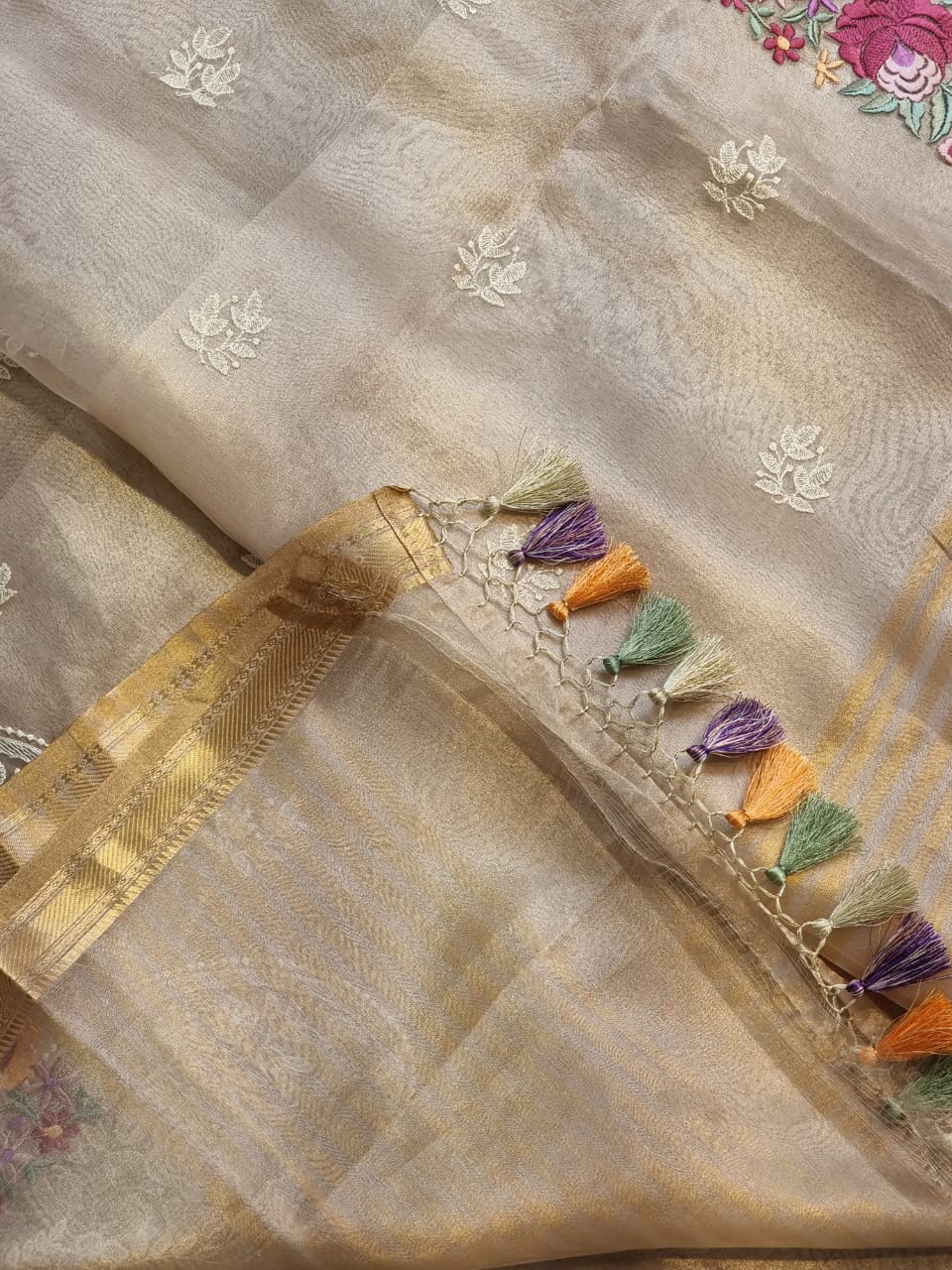 Pure Tissue Silk Parsi Border Chikankari Embroidery Saree  with special Tassels and blouse