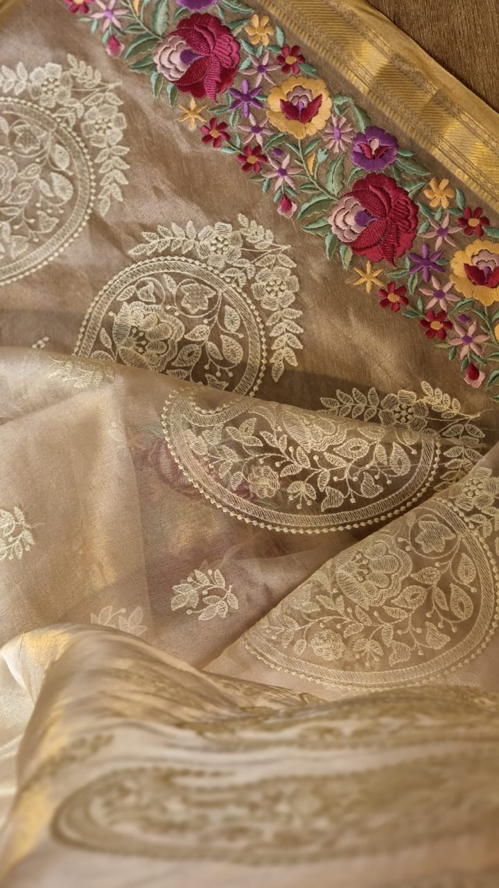 Pure Tissue Silk Parsi Border Chikankari Embroidery Saree  with special Tassels and blouse