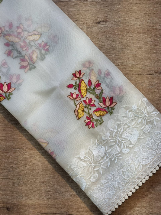 Pure organza silk PICHWAI Embroidery saree with chikankari border and crochet lace