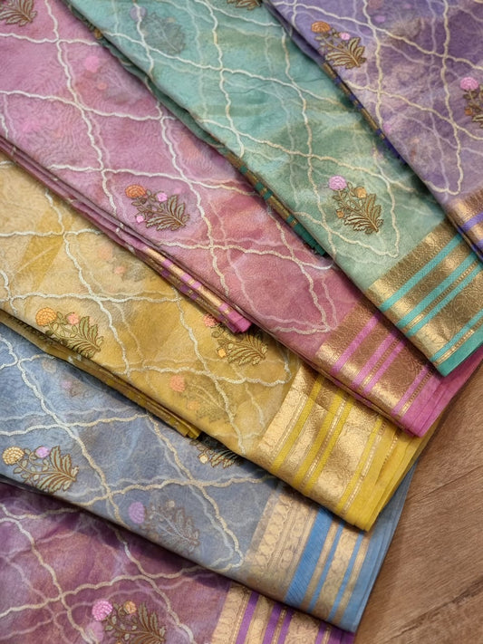 Pure Organza Tissue jaal Embroidery Saree with Banarasi katan zari border and special tassels