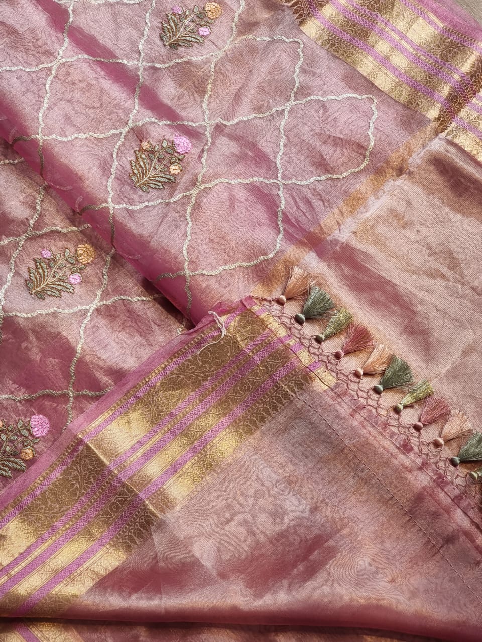 Pure Organza Tissue jaal Embroidery Saree with Banarasi katan zari border and special tassels