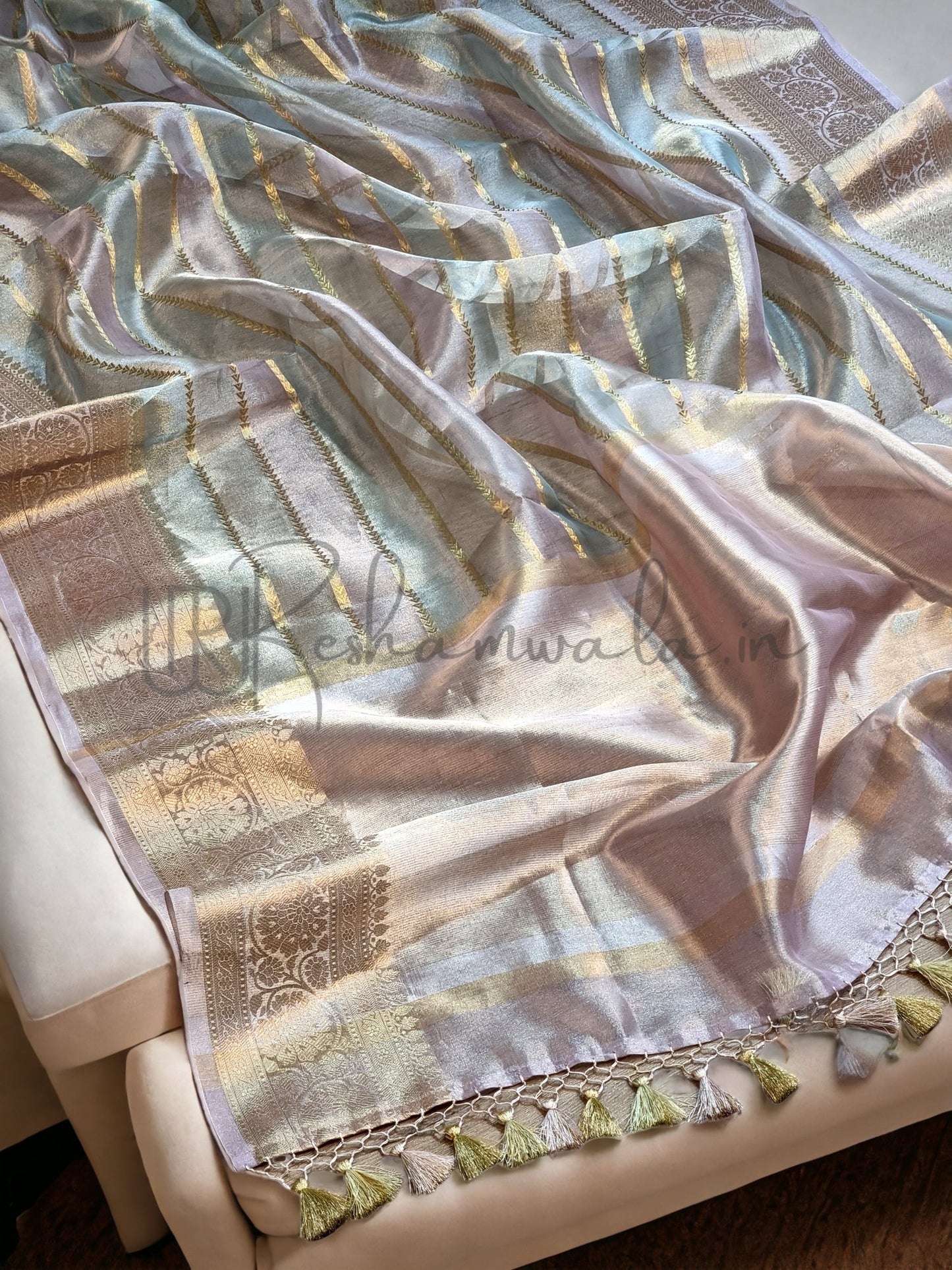 Handwoven Pure Tissue Organza Silk Banarasi Border & Stripes Saree with blouse and special tassels - Resham Wala