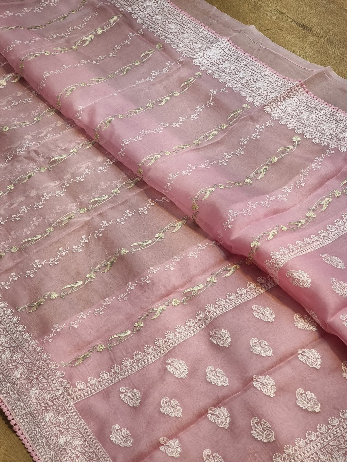 Pure Organza Silk Figure Latar Embroidery Saree - styled full look