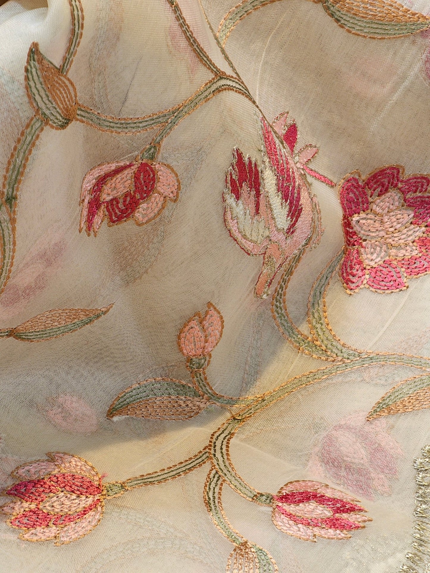 Pure Organza Silk Katha Embroidery Saree with cutwork border and scallop edges - Resham Wala