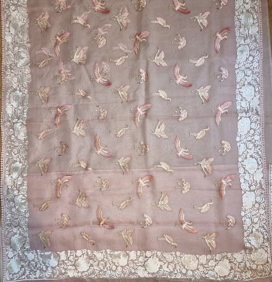 Pure Organza Silk Parsi Border Flamingo Saree - flamingo motif embroidery detail