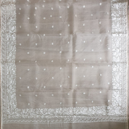 Pure Organza Silk Parsigara Embroidery Saree - parsigara figure embroidery detail