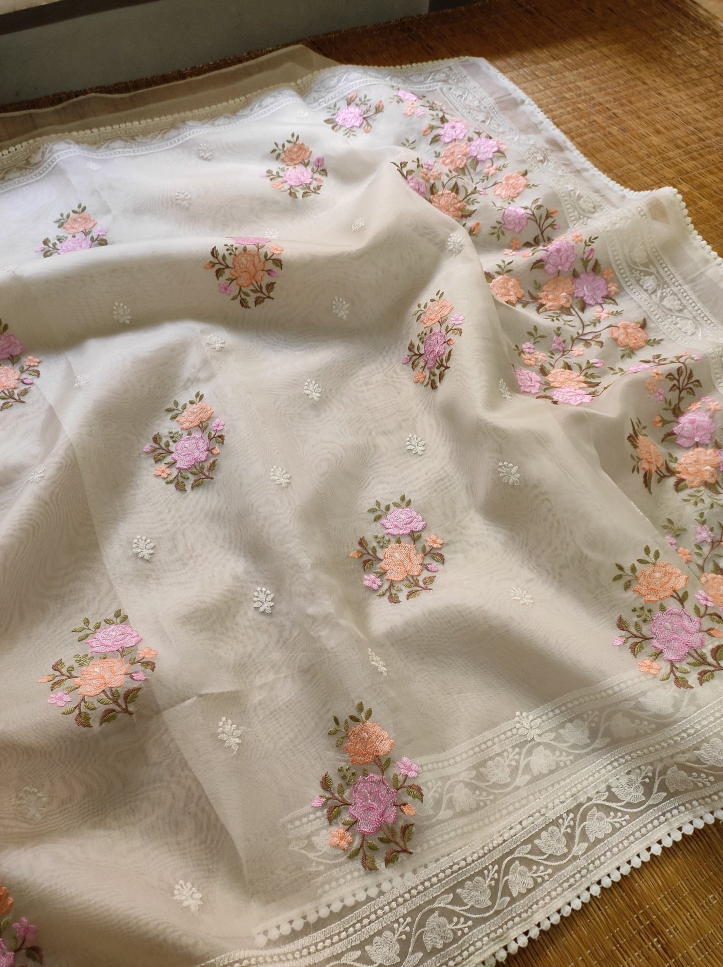 Pure Organza Silk Saree with Floral Embroidery Buta and Crochet Lace with Sleeves in Blouse - Resham Wala